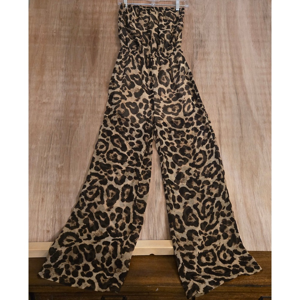 Leopard Print Strapless Jumpsuit Medium Chiffon Wide Leg Tube Top Mob Wife